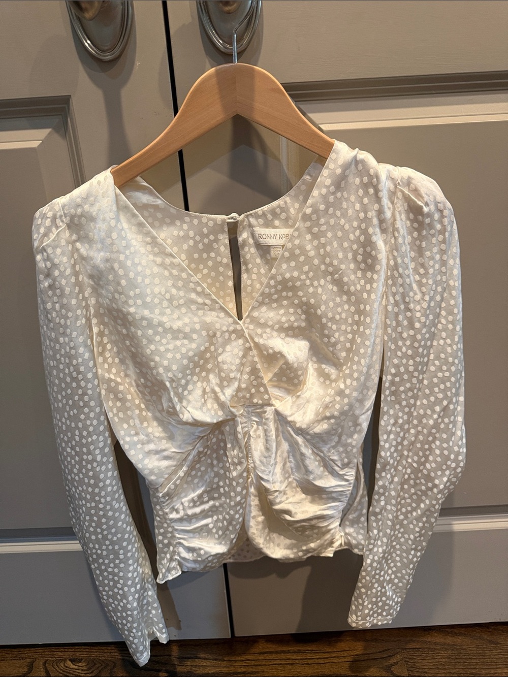 Ronny Kobo Collection White Satin Dot V-Neck Blouse